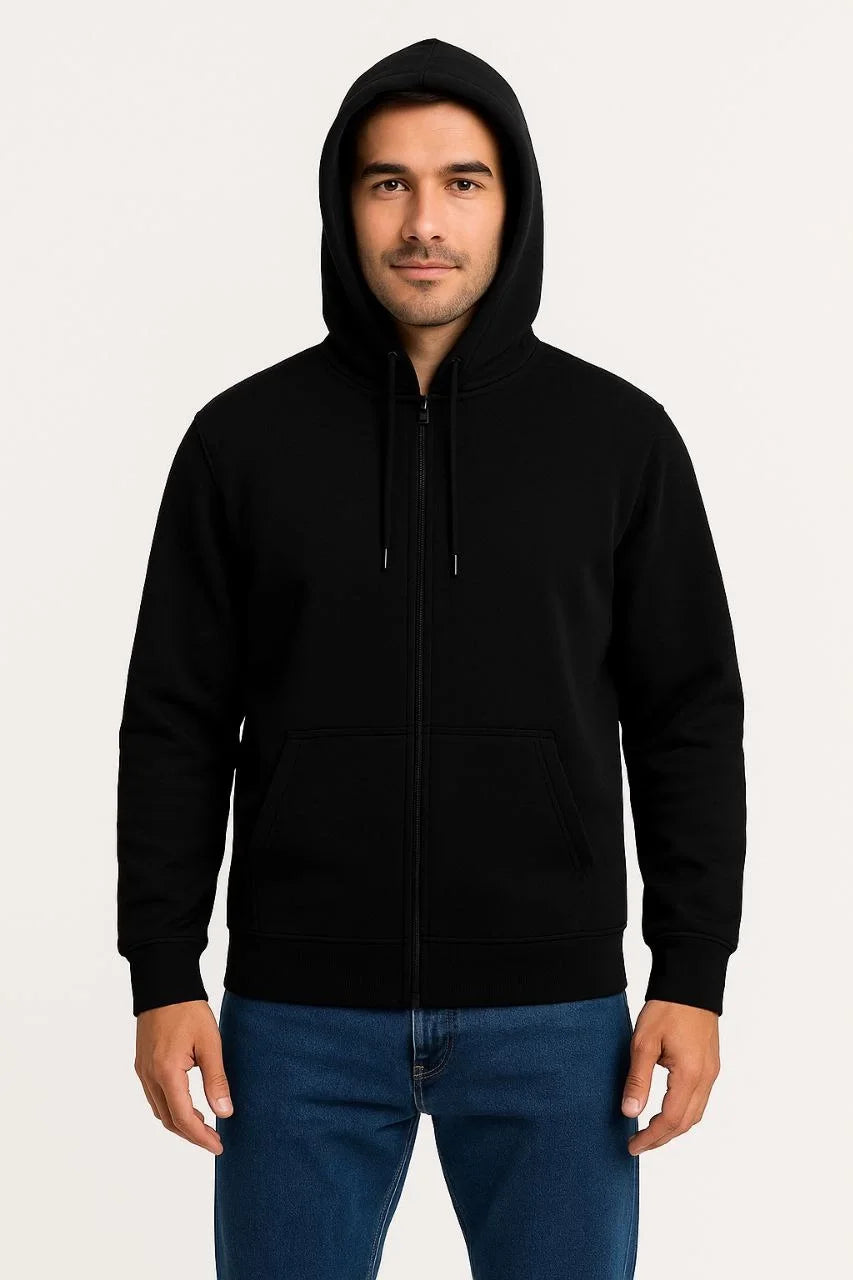 Erkek 3 İplik Pamuklu Kapüşonlu Tam Fermuarlı Cepli Hoodie Sweatshirt - Siyah