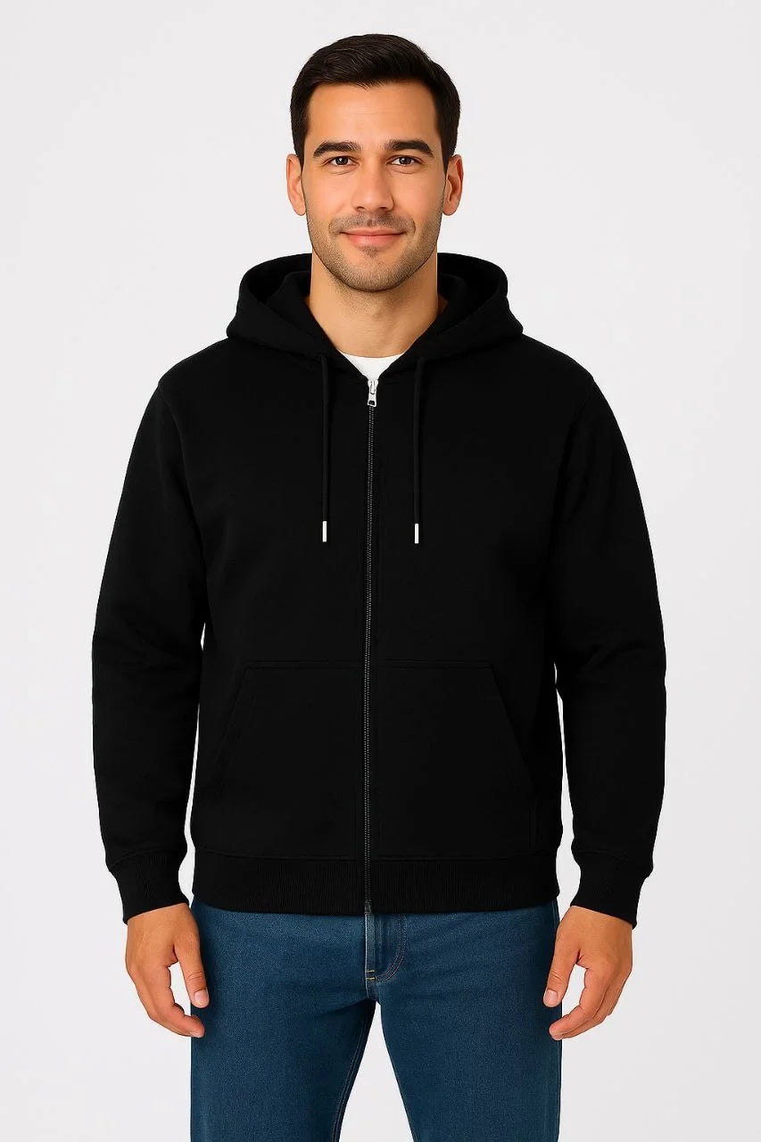 Erkek 3 İplik Pamuklu Kapüşonlu Tam Fermuarlı Cepli Hoodie Sweatshirt - Siyah