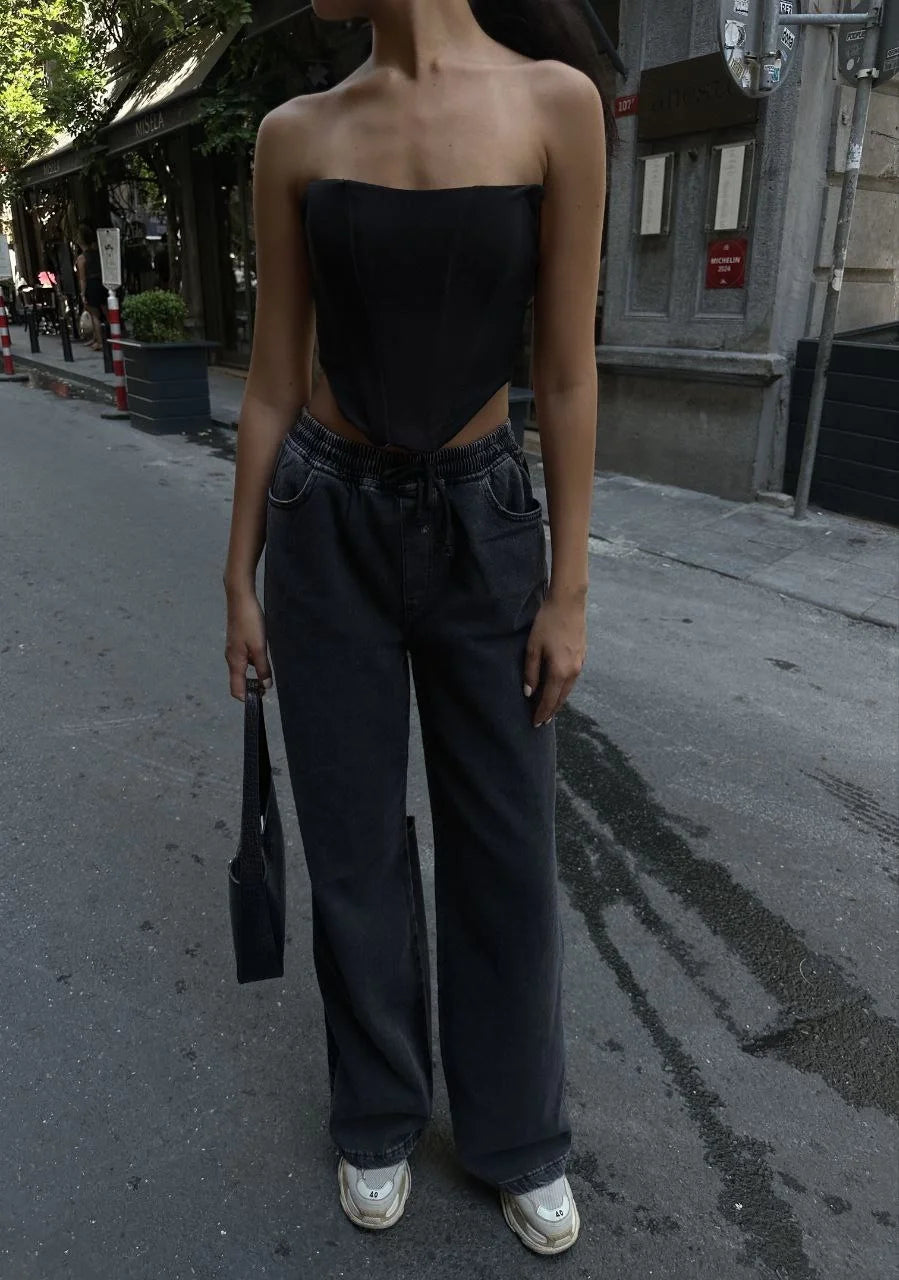 Kadın Arkadan Yırtmaçlı Jeans Kot Palazzo Pantolon - Siyah