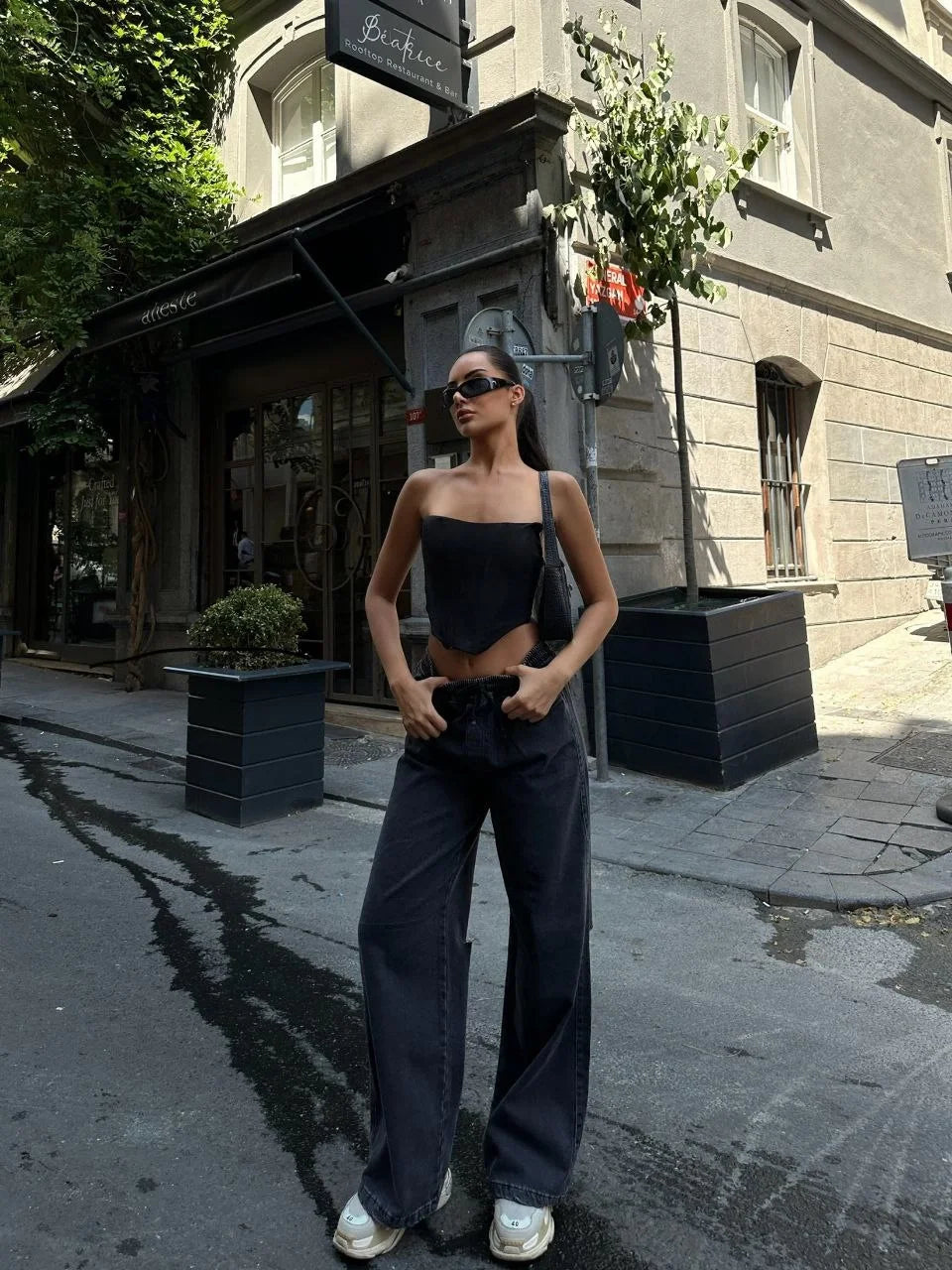 Kadın Arkadan Yırtmaçlı Jeans Kot Palazzo Pantolon - Siyah