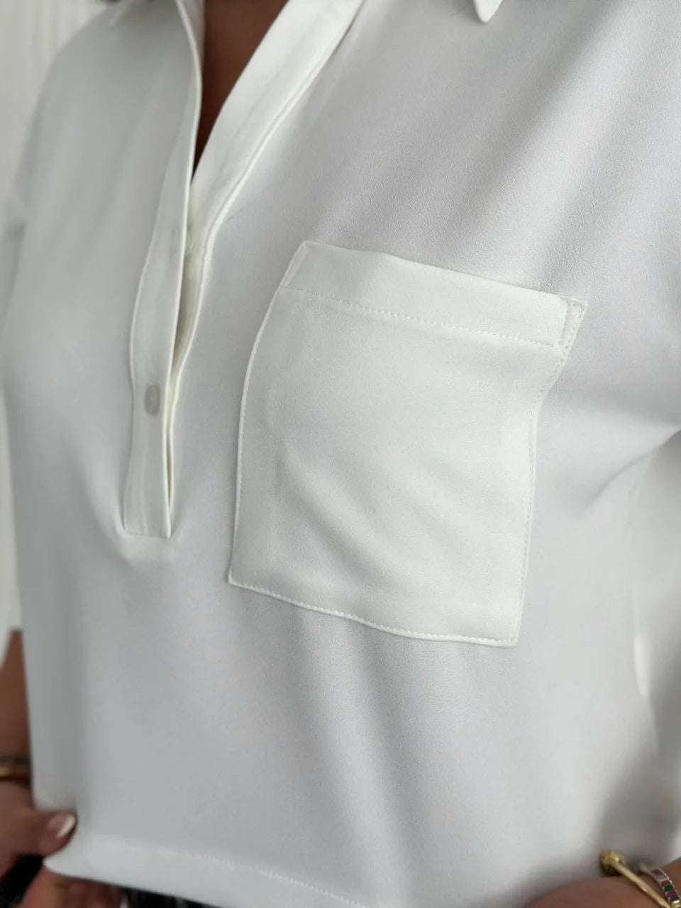 Krep Kadın Crop Yakalı Gömlek İlik Düğmeli Üç Çeyrek Sleeve Kol - Beyaz