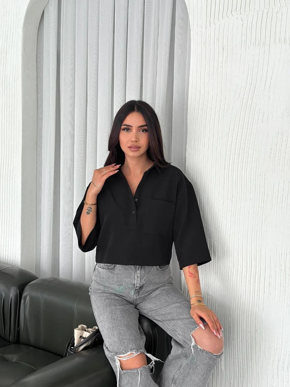 Z Krep Kadın Crop Yakalı Gömlek İlik Düğmeli Üç Çeyrek Sleeve Kol - Siyah