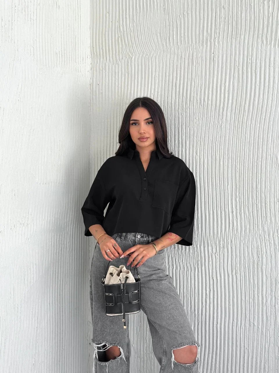 Z Krep Kadın Crop Yakalı Gömlek İlik Düğmeli Üç Çeyrek Sleeve Kol - Siyah