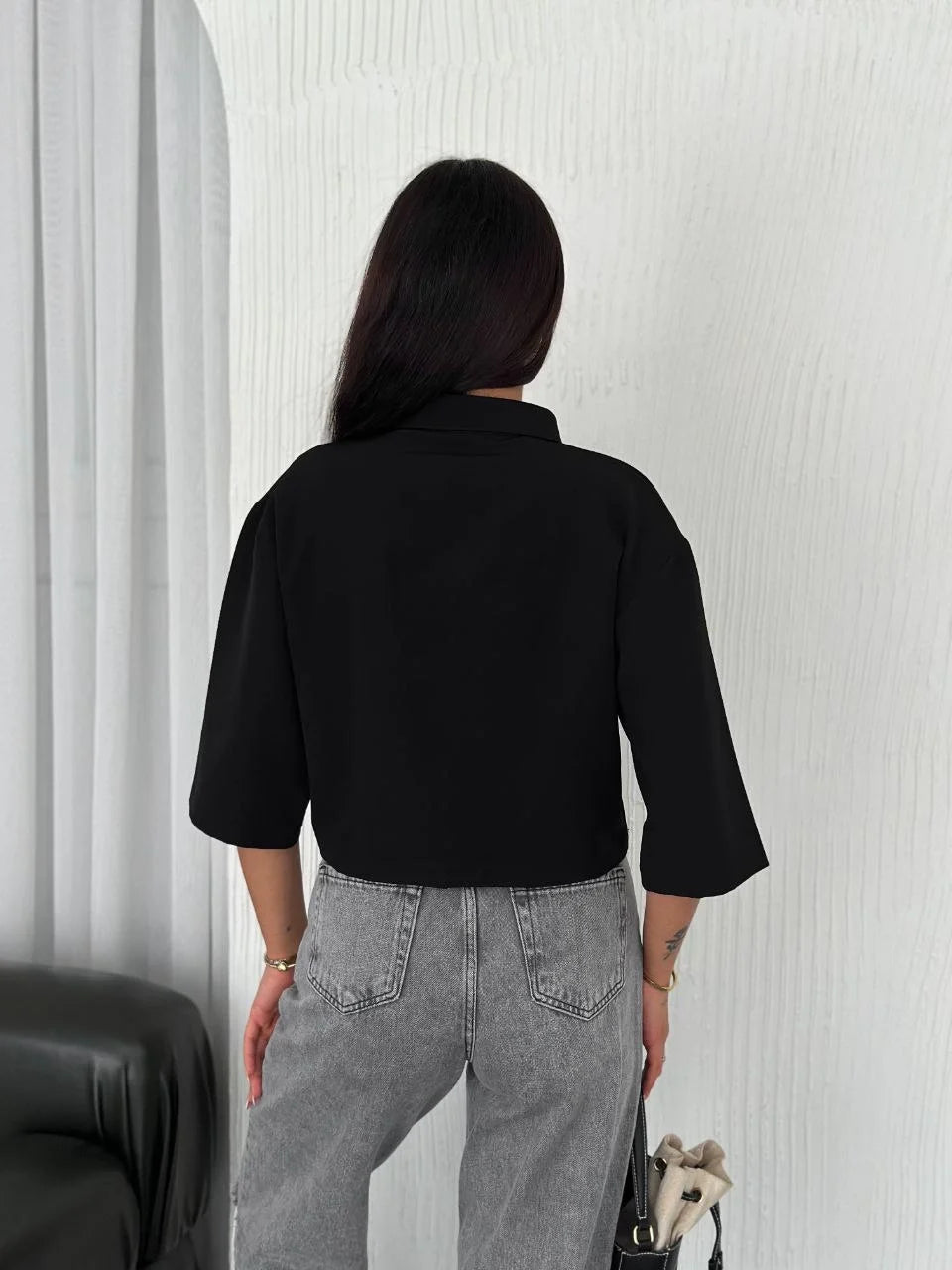Z Krep Kadın Crop Yakalı Gömlek İlik Düğmeli Üç Çeyrek Sleeve Kol - Siyah