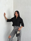 Z Krep Kadın Crop Yakalı Gömlek İlik Düğmeli Üç Çeyrek Sleeve Kol - Siyah
