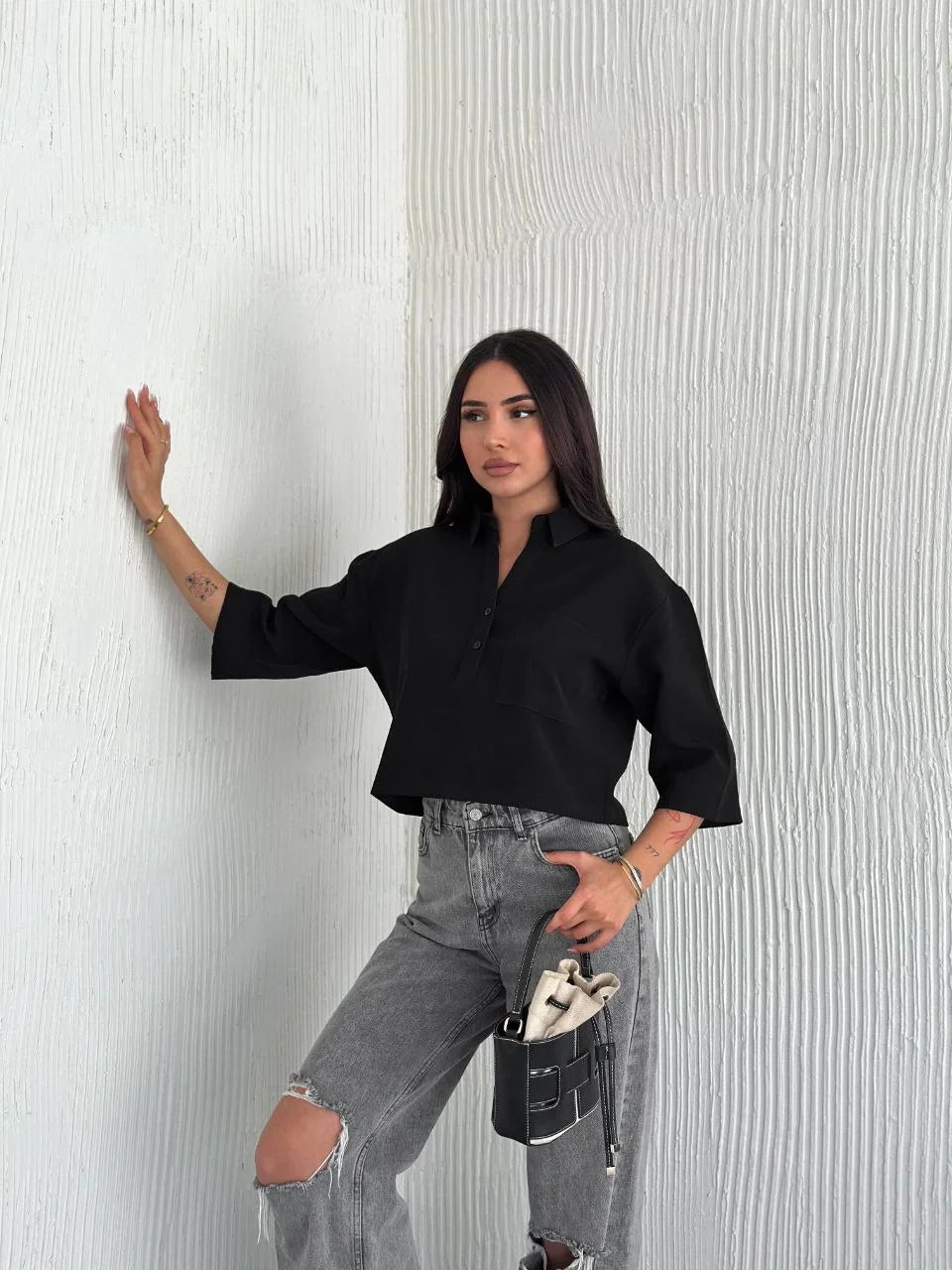 Z Krep Kadın Crop Yakalı Gömlek İlik Düğmeli Üç Çeyrek Sleeve Kol - Siyah