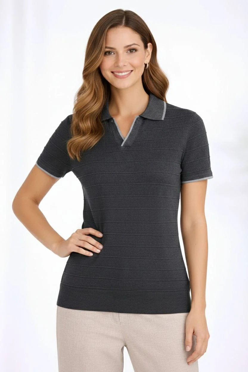 Kadın Yazlık Dokuma Triko Tişört Düğmesiz Polo Yaka Kısa Kol T-Shirt - Siyah