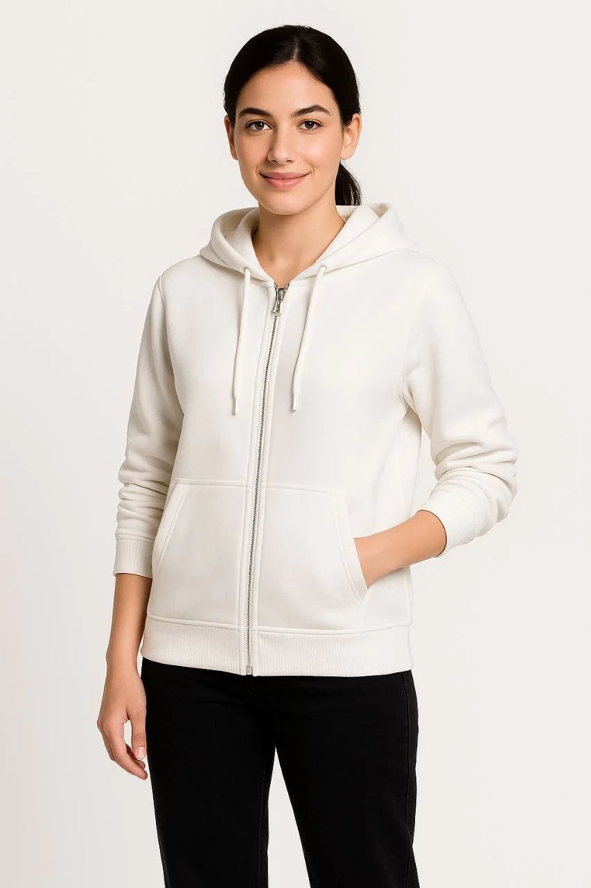 Kadın 3 İplik Kapüşonlu Tam Fermuarlı Kanguru Cepli Sweatshirt Hoodie - Beyaz