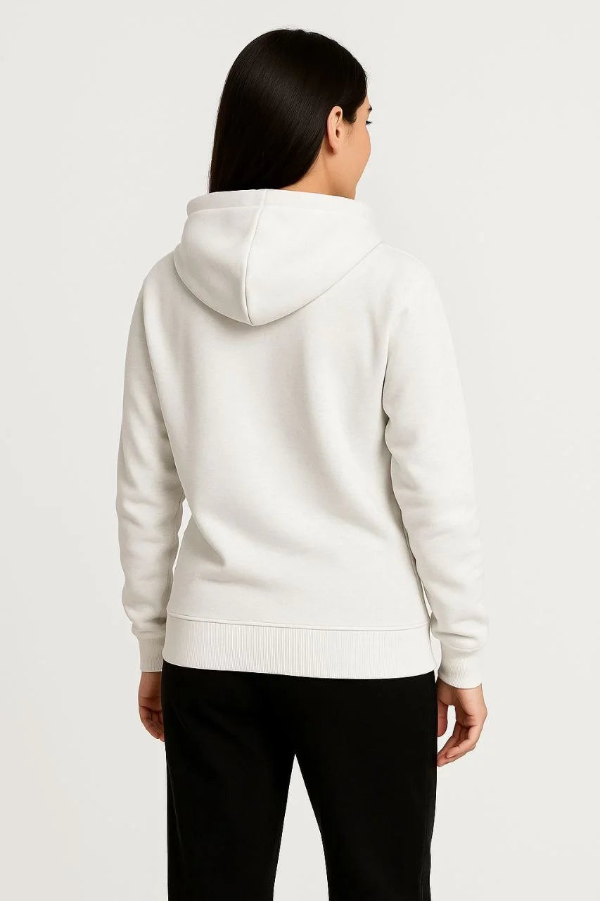 Kadın 3 İplik Kapüşonlu Tam Fermuarlı Kanguru Cepli Sweatshirt Hoodie - Beyaz