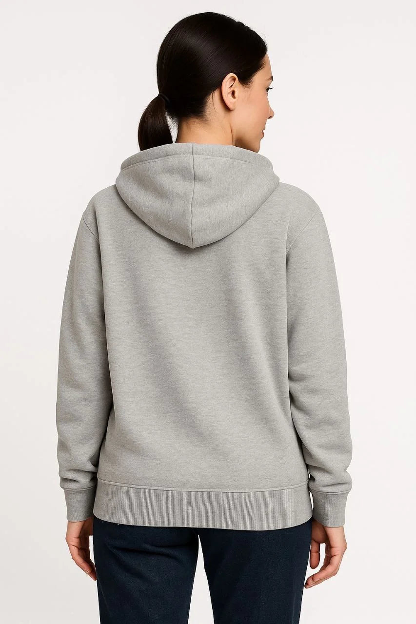 Kadın 3 İplik Pamuklu Kapüşonlu Tam Fermuarlı Kanguru Cepli Sweatshirt Hoodie - Gri