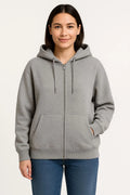 Kadın 3 İplik Pamuklu Kapüşonlu Tam Fermuarlı Kanguru Cepli Sweatshirt Hoodie - Gri