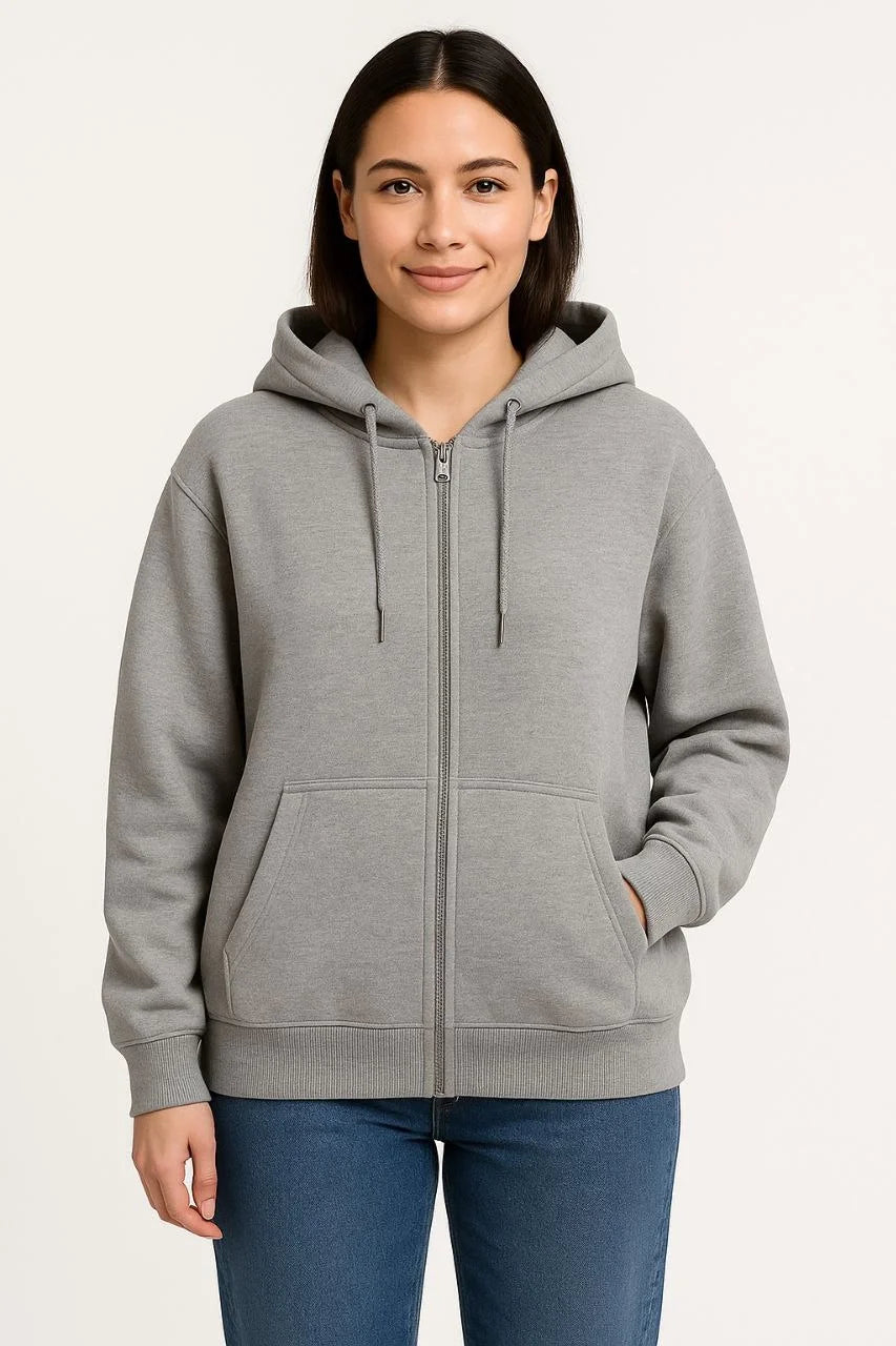 Kadın 3 İplik Pamuklu Kapüşonlu Tam Fermuarlı Kanguru Cepli Sweatshirt Hoodie - Gri