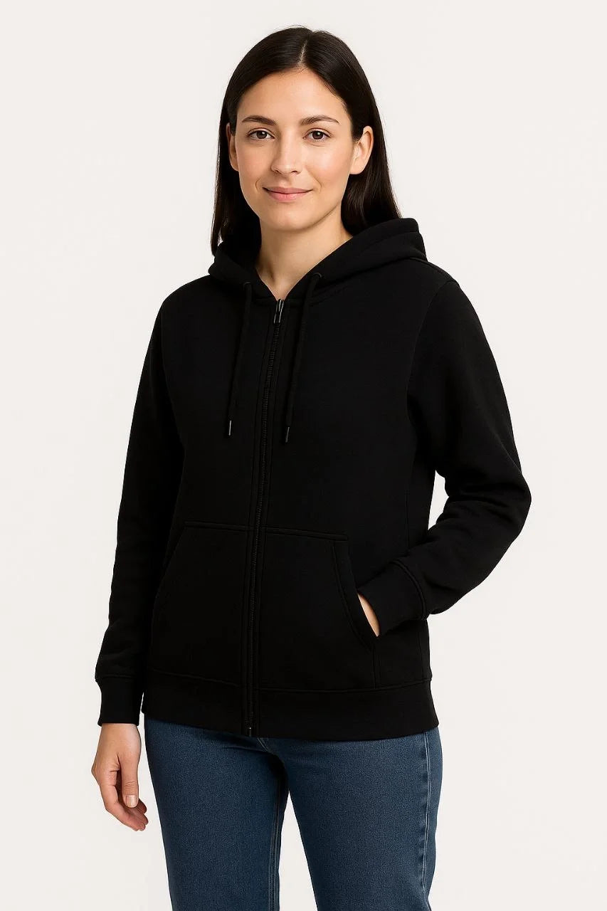 Kadın 3 İplik Kapüşonlu Tam Fermuarlı Kanguru Cepli Sweatshirt Hoodie - Siyah