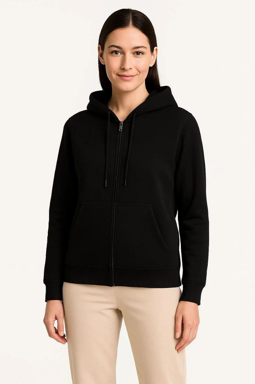 Kadın 3 İplik Kapüşonlu Tam Fermuarlı Kanguru Cepli Sweatshirt Hoodie - Siyah