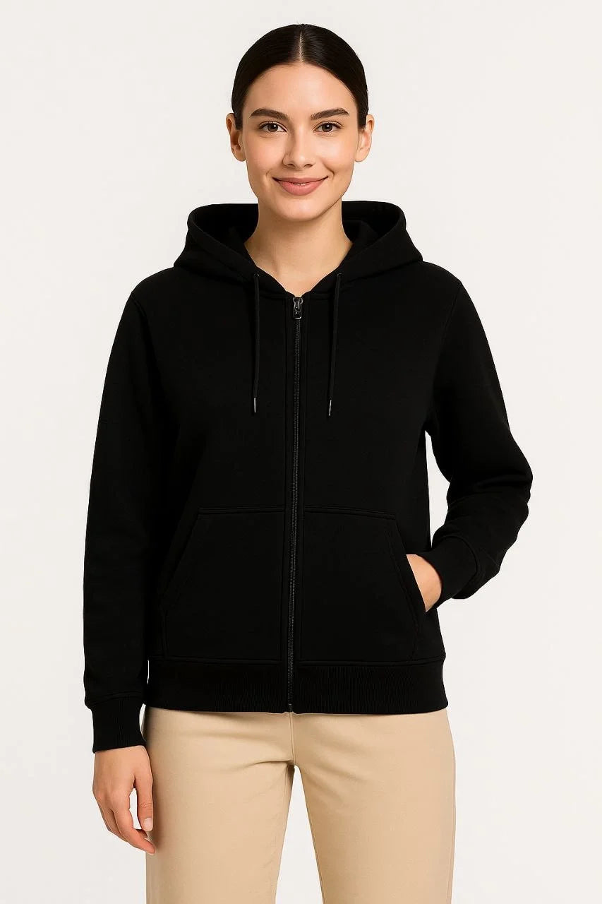 Kadın 3 İplik Kapüşonlu Tam Fermuarlı Kanguru Cepli Sweatshirt Hoodie - Siyah