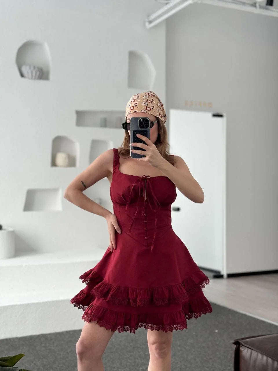 Kadın Mini Askılı Elbise - Bordo