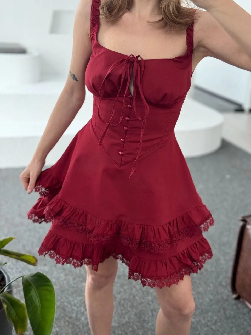 Kadın Mini Askılı Elbise - Bordo