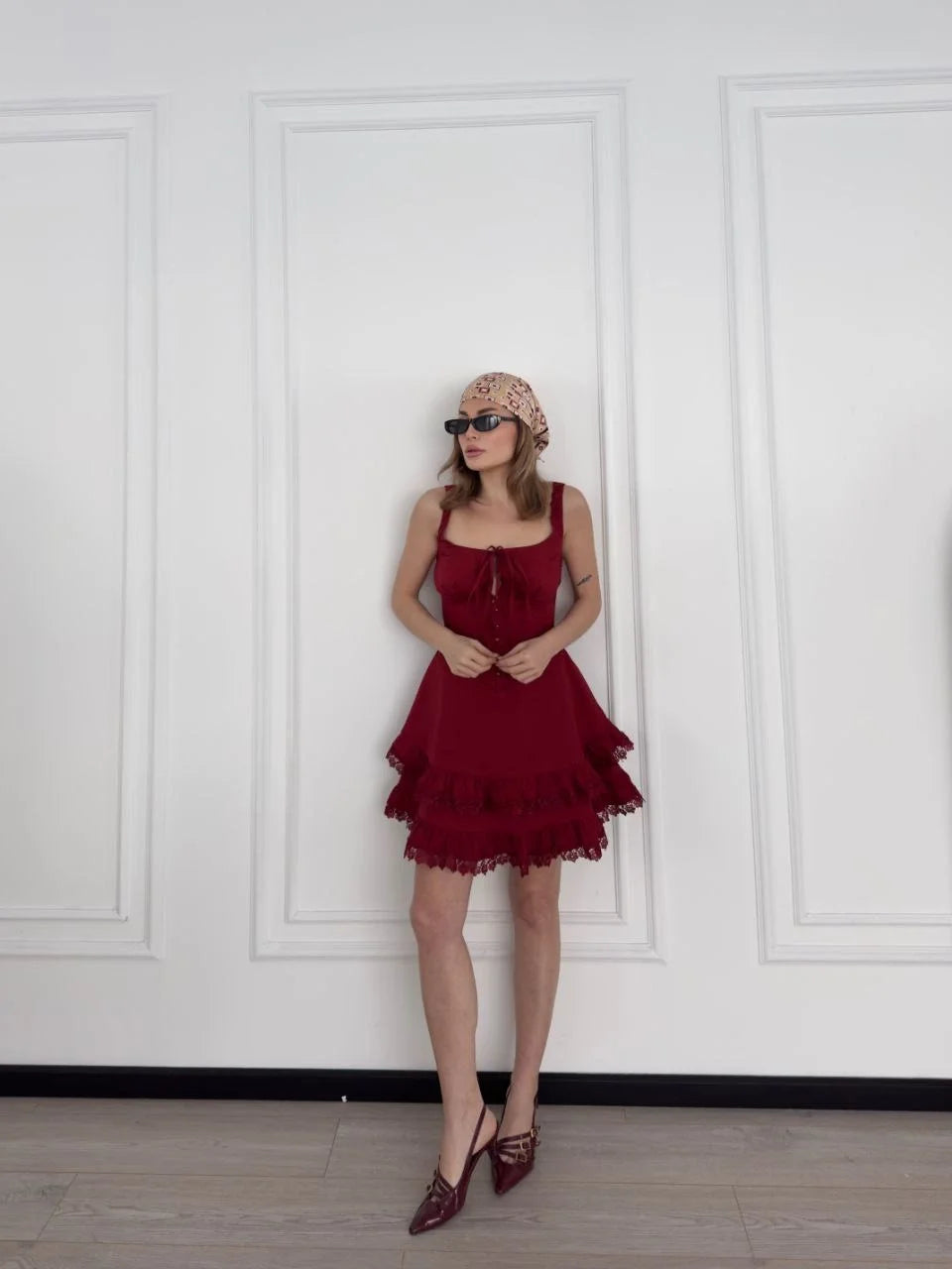 Kadın Mini Askılı Elbise - Bordo