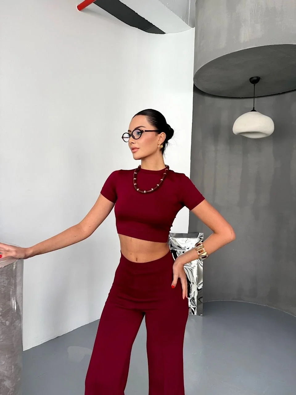 Kadın Osy Modal Yumuşak Dokulu Kumaş Kısa Kollu Crop Alt ispanyol Paça Pantolon ikili Takım - Bordo