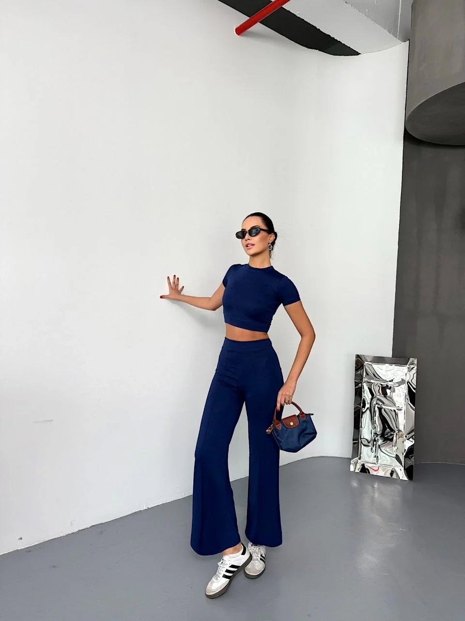 Kadın Osy Modal Yumuşak Kumaş Kısa Kollu Crop Alt ispanyol Paça Pantolon ikili Takım - Lacivert