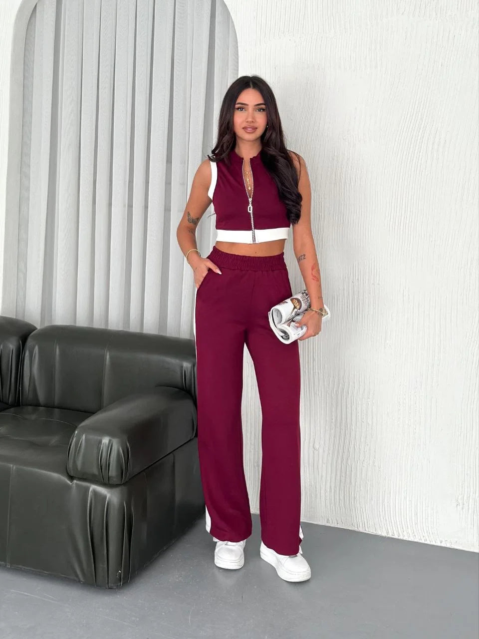 Kadın Osy Modal Yumuşak Dokulu Kumaş Tam Fermuarlı Crop Pantolon İkili Takım - Bordo