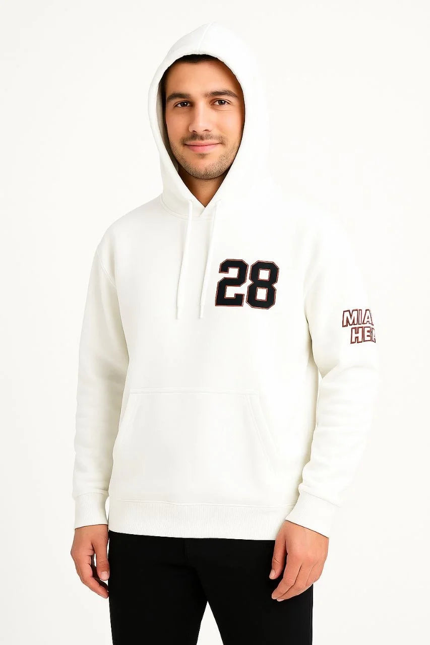 Erkek Kapüşonlu Kanguru Cepli Sweatshirt 3 İplik Pamuklu Baskılı Hoodie - Beyaz