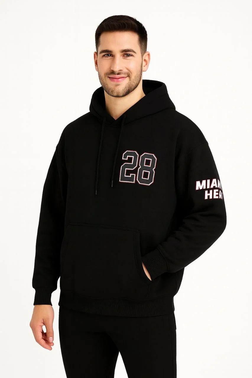 Erkek Kapüşonlu Kanguru Cepli Sweatshirt 3 İplik Pamuklu Baskılı Hoodie - Siyah